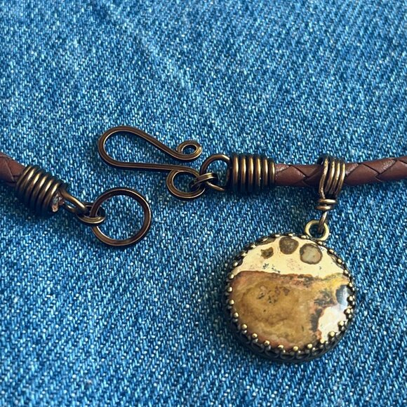 Braided Leather Necklace, Picture Jasper Pendant, Womens Mens Layering Necklace - Picture 3 of 7